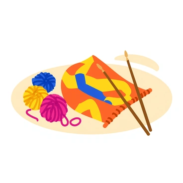 A pair of wooden knitting needles is positioned at an angle, holding a partially knitted scarf that features an intricate pattern of vibrant colors. The scarf's texture is visible, showcasing the loops and stitches as they come together. Nearby, several balls of yarn in various hues, including bright red, deep blue, and sunny yellow, are scattered on a soft, light-colored surface. The scene is well-lit, highlighting the sheen of the yarn and the details of the knitting process.