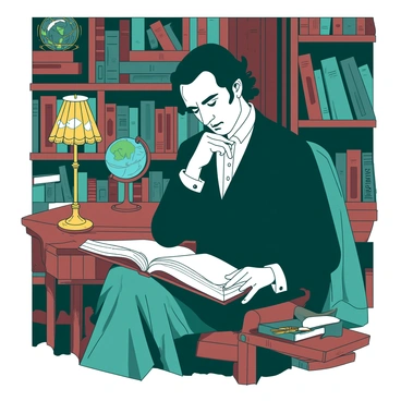 A teal Edgar Allan Poe is sitting in a richly decorated Victorian parlor. He is wearing a dark, elegant suit with a high collar and is deep in thought, gazing at a large, ornate book resting on his lap. The surrounding shelves are filled with various old books, their spines displaying intricate titles. Scattered among the books are curious artifacts, such as a glass globe, a vintage clock, and an intricately designed quill pen set on a wooden table. The room is warmly illuminated by a golden lamp with a stained glass shade, casting soft shadows across the parlor.