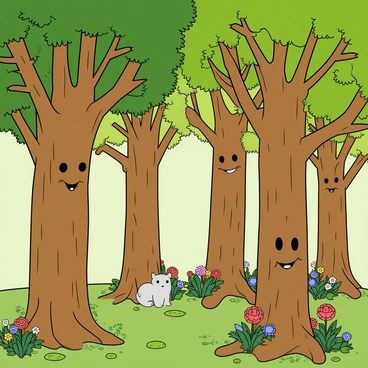 A vibrant enchanted forest filled with tall trees that have expressive faces carved into their trunks. Each tree showcases a unique facial expression, ranging from friendly smiles to curious looks. The branches of the trees extend outward, appearing to wave gently as if alive. The leaves are lush and green, creating a canopy that filters dappled sunlight onto the forest floor. Colorful flowers bloom in clusters around the base of the trees, adding splashes of color to the scene. Soft, whimsical creatures can be seen peeking from behind the trunks, enhancing the magical atmosphere of the forest.