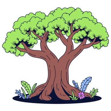 Massive, ancient trees with a thick trunk and a rough bark. The trees have twisted roots that spread out widely along the ground, intertwining with the dark, damp soil. Dense, vibrant green foliage stretches out above, creating a lush canopy. Sunlight filters through the leaves, casting dappled shadows on the forest floor. Small ferns and colorful flowers grow in abundance around the base of the trees, adding to the tropical ambiance.