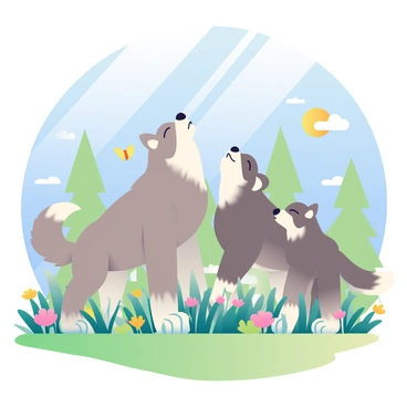 A family of wolves is standing together in a sunlit meadow. The wolves have thick fur in shades of gray and brown, with expressive eyes that convey a sense of unity. They are positioned with their heads raised, howling in unison towards the clear blue sky. The meadow is filled with tall green grass and colorful wildflowers swaying gently in the breeze. Rays of sunlight are streaming through the trees in the background, casting a warm glow over the scene. A few butterflies are fluttering nearby, adding to the lively atmosphere of the meadow.