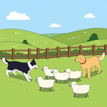 Two dogs, one a border collie with black and white fur and the other a golden retriever with fluffy fur, are actively herding a small group of white sheep in a lush green field. The border collie is crouched low to the ground, focusing intently on the sheep, while the golden retriever stands nearby, ears perked up and tail wagging. The background features rolling hills with patches of wildflowers and a few scattered trees under a bright blue sky with fluffy white clouds. A rustic wooden fence runs along the edge of the field, enclosing the scene.