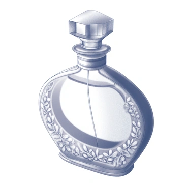 A classic crystal perfume bottle sits on a polished surface. The bottle features intricate floral engravings that wrap around its curved shape. The stopper is elegantly designed, with delicate patterns that reflect light. The overall form of the bottle displays a vintage aesthetic, showcasing artistry in its details. The floral engravings are prominently visible, enhancing the bottle's opulent appearance.