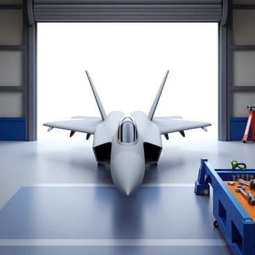 An F5 jet aircraft with its wings folded, prominently displayed inside a spacious hangar. The hangar features large, open doors allowing ample light to illuminate the scene. Nearby, an array of tools is neatly organized on a workbench, including wrenches, screwdrivers, and safety goggles. The jet's metallic surface reflects the hangar's lights, showcasing its sleek design and distinct features like the cockpit and engine intakes. The floor is painted with clear lines, adding to the organized atmosphere of the hangar.