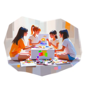Nami and her friends creating art together, using supplies from a shared illustrated box.