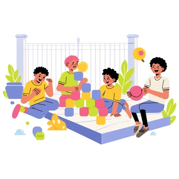 A group of children is playing on a patio, enjoying their time together. One child is holding a bright red ball while another is concentrating on building a structure with colorful blocks scattered around. There are plush toys in vibrant colors lying on the ground. The children's faces are filled with joy as they laugh and interact. Sunlight filters through, casting playful shadows on the patio.