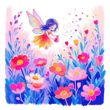 A tiny fairy with "heart-shaped wings" is hovering above a bed of vibrant flowers. The fairy has delicate features and a shimmering dress made of leaves. She is holding a small pouch from which she is sprinkling "love dust" that sparkles in the sunlight. The flowers are in various colors, including red, pink, and purple, and their petals are glistening with the magical dust. The scene is filled with a sense of enchantment as the fairy interacts with the blossoms.