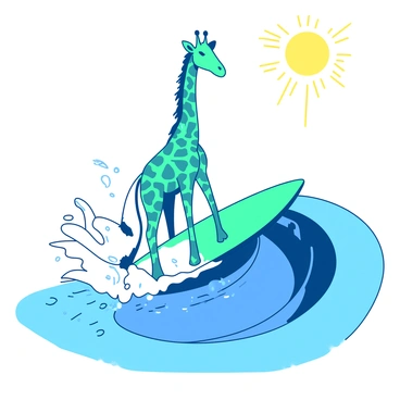 A teal giraffe is skillfully surfing on a large blue wave in the ocean. The giraffe is wearing a vibrant, multicolored swimsuit that contrasts with its spotted coat. Its long neck stretches upward as it balances on the surfboard, which is also adorned with bright patterns. White foam from the crashing wave splashes around the giraffe, adding to the dynamic scene. The sun is shining brightly overhead, illuminating the surface of the water.