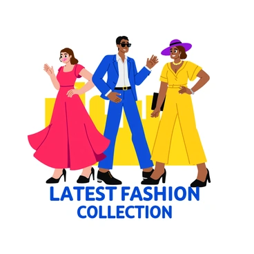 A stylish subway ad featuring three models showcasing the latest fashion collection. The first model wears a flowing red dress paired with chic black ankle boots. The second model sports a tailored blue suit with a white shirt and stylish sunglasses. The third model is dressed in a vibrant yellow jumpsuit, topped with a wide-brimmed hat and accessorized with bold jewelry. The backdrop of the ad includes a dynamic city skyline with abstract shapes and bright colors. Each model poses confidently, highlighting the unique styles of the collection. The text "Latest Fashion Collection" is prominently displayed in bold, modern font at the bottom of the ad.