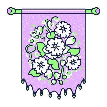 A tapestry hanging on a wall features an intricate design of flowers. The flowers are detailed and appear to have multiple petals, with various shapes and sizes. Each flower is surrounded by swirling leaves and vines that add complexity to the overall pattern. The background of the tapestry is textured, providing depth to the floral design. The entire composition is balanced and symmetrical, drawing the eye to the center where the flowers are most densely clustered.