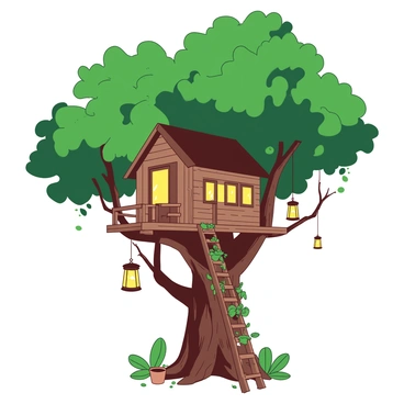A large tree with a thick trunk and expansive branches supports a charming wooden treehouse nestled among the leaves. The treehouse has windows that allow glimpses of its cozy interior, and it features a wooden balcony adorned with small potted plants. Ladders made of intertwining green vines lead up to the entrance of the treehouse, creating a natural and rustic feel. Glowing lanterns hang from the branches, casting a warm light that illuminates the surrounding area, enhancing the magical atmosphere of the scene.