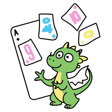 A colorful dragon, with bright green scales and large, expressive eyes, is juggling several playing cards. The cards are depicted in vibrant colors, featuring different suits and numbers. The dragon has a playful expression, its wings slightly outstretched and tail curled around its body. The background includes a simple border resembling a joker card, emphasizing the playful theme.