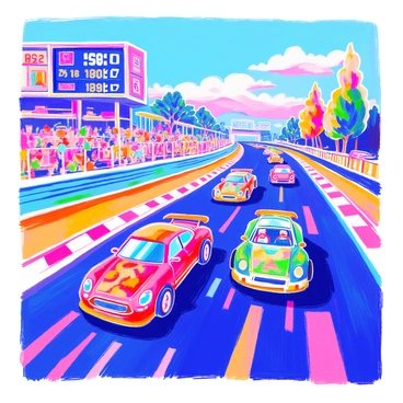 An arcade game screen displays a vibrant racing scene with pixelated cars speeding down a colorful track. There are four distinct cars in different bright colors, including red, blue, green, and yellow. The track is lined with pixelated trees and cheering 8-bit spectators along the sides. A scoreboard at the top shows the current scores and lap times in a blocky font. The background features a simple, pixelated sky with a few clouds, creating an energetic atmosphere of competition.