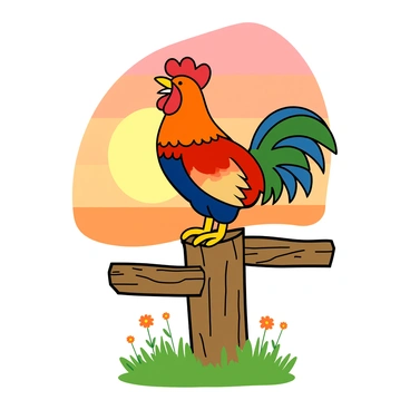 A colorful rooster with bright red feathers and an orange comb is perched atop a rustic wooden fence post. The rooster has its beak open wide, singing joyfully as the sun begins to rise in the background. The sky is painted with warm hues of orange, pink, and yellow, indicating the early morning light. The fence post is weathered and rough, surrounded by green grass and a few wildflowers. The rooster's wings are slightly spread, and its tail feathers are fanned out, displaying shades of green and blue.