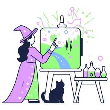 A witch with long flowing hair stands in front of a large easel. She is dressed in a long gown with intricate patterns, and she holds a brush in her right hand. The canvas before her depicts a vibrant landscape featuring a forest, a river, and magical creatures. As she paints, colorful swirls and sparkles emanate from her brush, indicating the magic taking shape. In the background, several potion bottles filled with various ingredients are arranged on a wooden table. A black cat sits next to the easel watching the scene unfold. The atmosphere is filled with an air of enchantment as the painting begins to shimmer and come alive.