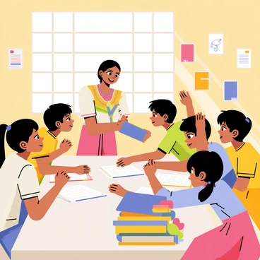 A "Maria Clara" dressed in traditional Filipino attire, with a colorful blouse and long skirt, is sitting at a table in a bright community center. She is attentively helping a group of children with their homework. The children, aged around 8 to 10, are engaging with books and notebooks, surrounded by colorful posters on the walls. Some of the children are raising their hands, eagerly asking questions. A pile of assorted learning materials, including pencils and paper, is scattered on the table. Sunlight streams in through large windows, creating a warm and inviting atmosphere.