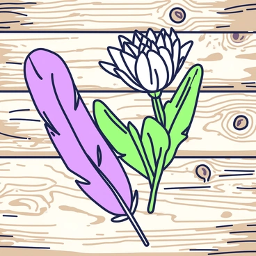 A soft feather is placed gently next to a freshly picked ranunculus flower. The ranunculus has tightly packed petals, showcasing its delicate form and vibrant texture. The rustic wooden surface beneath these items features visible grains, knots, and imperfections, adding character to the composition. The contrast between the softness of the feather and the floral structure of the ranunculus creates a harmonious scene.