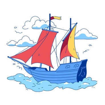 A blue ship with intricate designs is sailing gracefully through fluffy white clouds. The sails of the ship are made of vibrant fabric in shades of red and yellow, billowing softly in the breeze. The ship's wooden hull glistens in the sunlight, creating a striking contrast against the sky. Wispy trails of white clouds swirl around the ship, adding to the sense of movement and adventure.