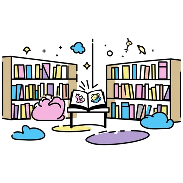 A children's book section with shelves filled with a variety of illustrated book covers in bright colors. The shelves are wooden, arranged in a semi-circle to create an inviting space. There are plush pillows scattered on the floor in different shapes, such as stars and animals. A small table in the center displays an open book, showcasing colorful illustrations. The walls are decorated with playful decals, featuring cartoon animals and whimsical clouds. Brightly colored rugs are laid on the floor, creating a comfortable reading environment for children.