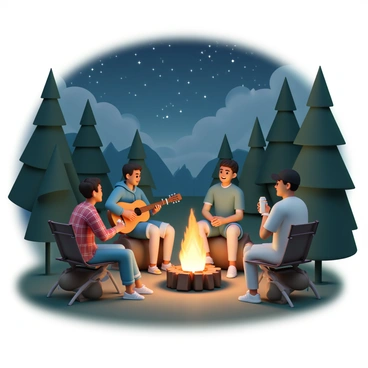 A group of four friends is gathered around a flickering campfire in a clearing surrounded by tall pine trees. The warm glow of the fire illuminates their faces as they sit on logs and camping chairs. One friend, wearing a red flannel shirt and jeans, is roasting marshmallows on a stick. Another friend, dressed in a blue hoodie and cargo shorts, is playing guitar and singing softly. The third friend, in a green t-shirt and denim shorts, is laughing and telling a story, while the fourth friend, wearing a black cap and grey sweatshirt, is sipping from a thermos. Above them, a vast, starry night sky is visible, with countless stars twinkling brightly among wisps of clouds.