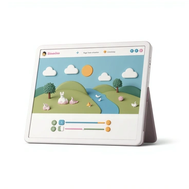 A digital interface displaying an interactive website. The screen shows a colorful illustration of a whimsical landscape with rolling hills, fluffy clouds, and a bright sun. Elements within the landscape include a small, animated river with flowing water, playful animals like rabbits and birds that react when users hover over them, and trees with rustling leaves. The website layout includes buttons and sliders that users can click or drag, causing changes in the illustration, such as changing the time of day or triggering animations of the animals. The overall atmosphere is lively and engaging.