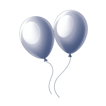 Two helium balloons of the same shape and color are floating side by side in the air. Each balloon has a rounded top and a smooth surface, reflecting light in a way that highlights their contours. They are tethered by thin strings that gently sway in the breeze. The balloons are positioned at a similar height, creating a sense of symmetry in the composition. The background features a soft, subtle texture that emphasizes the presence of the floating balloons.
