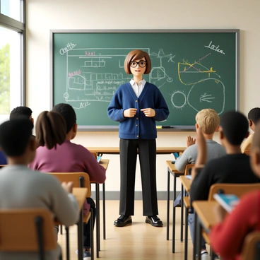 A teacher with short brown hair wearing glasses, a blue cardigan, and black trousers stands in front of a blackboard. The blackboard is filled with chalk writing and colorful diagrams. The classroom is filled with wooden desks and chairs. Several attentive students of diverse backgrounds are seated at their desks, looking toward the teacher. The students are engaged, with some taking notes while others raise their hands to ask questions. Natural light streams in through a window, illuminating the scene.