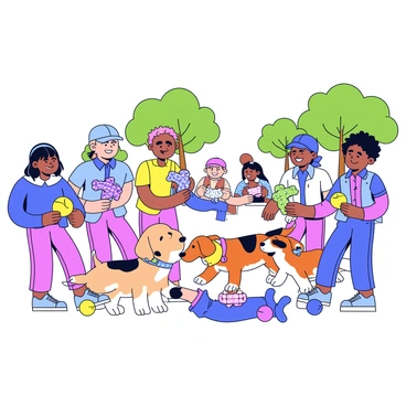 A local park scene filled with pet owners. In the foreground, several people are exchanging colorful collars and various types of toys. Each collar has a distinct design, some featuring polka dots or stripes. The toys include plush bones and rubber balls in bright colors. Nearby, a couple of playful dogs of different breeds, such as a golden retriever and a beagle, are excitedly interacting with the new toys. The background is filled with green trees and people sitting on picnic blankets, enjoying the sunny day.