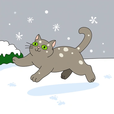 A fluffy gray cat with white spots is playfully jumping in a snowy backyard. The cat has bright green eyes and its tail is arched high. Snowflakes are gently falling from a gray sky, and some of them land on the cat’s nose and whiskers. The ground is covered with a thick layer of white snow, and there are a few snow-covered bushes in the background. The cat is mid-pounce, its paws outstretched as it tries to catch a large snowflake that is drifting down toward it. There are small paw prints in the snow leading up to where the cat is jumping.