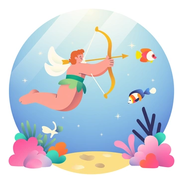 A cupidon with delicate wings and a cherubic face is swimming in a vibrant coral reef. He is aiming a golden arrow at a pair of colorful fish couples swimming nearby. The coral reef is filled with various shades of coral, including pink, orange, and purple, creating a lively underwater scene. Brightly colored fish, such as blue tangs and clownfish, are darting playfully around the coral. Sunlight filters down through the water, casting shimmering patterns on the sand below. The cupidon is wearing a leaf-like loincloth and has a quiver of arrows slung over his shoulder.