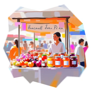 A small business stand in a vibrant local market showcases a variety of homemade jams and preserves. The stand is made of wooden planks and is adorned with colorful banners that read "Homemade Jams" and "Fresh Preserves." Glass jars filled with jam in various shades, including deep red, golden yellow, and rich purple, are neatly lined up on the table. Each jar is labeled with handwritten tags displaying the flavors, such as "Strawberry," "Peach," and "Blueberry." Fresh fruits are placed artfully around the jars, enhancing the natural appeal. A friendly vendor with a warm smile stands behind the stand, ready to greet customers and share samples. The market is bustling with people browsing, and nearby stalls display fresh produce and handmade goods.