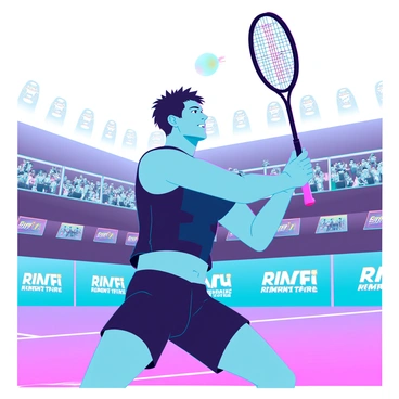 A male badminton player with a focused expression, wearing a fitted athletic jersey and shorts, is captured mid-action executing a powerful smash. His muscular build is prominent, and he has short, tousled hair. The shuttlecock is flying towards him, positioned just above his head, while his racquet is raised high, ready to strike. In the background, a lively crowd is cheering, with bright lights illuminating the court. The flooring is a polished wooden surface, and there are banners displaying sponsor logos along the edges of the court.