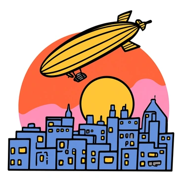 A majestic airship with a large, rounded balloon body and intricate details of its structure is floating gracefully above a sprawling cityscape. The airship is adorned with golden accents and has propellers visible on its sides. Below, the city skyline is filled with tall buildings, some with illuminated windows, showcasing various architectural styles. The sky is painted with vibrant hues of orange, pink, and purple as the sun sets in the background, casting a warm glow over the scene. The airship gently drifts through the colorful sky, creating a sense of wonder and adventure.
