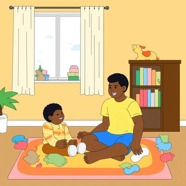 A young Indian boy with dark hair, wearing a bright yellow t-shirt and blue shorts, is joyfully playing with his younger sibling. The younger sibling, a toddler with curly hair dressed in a colorful onesie, is sitting on a soft, colorful rug. They are surrounded by various toys scattered around the room, including stuffed animals and building blocks. The room has warm lighting and features a small bookshelf filled with children's books. A window with sheer curtains allows sunlight to filter in, creating a cheerful atmosphere.