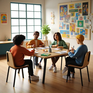 A diverse group of illustrators sitting around a large wooden table in a vibrant meeting room. The room is filled with colorful artwork hanging on the walls, showcasing various styles and techniques. There are three illustrators: one with curly black hair wearing glasses, one with long straight brown hair dressed in a red sweater, and another with short blonde hair in a blue shirt. They are engaged in an animated discussion, with sketchbooks and digital tablets open in front of them. Various art supplies like markers, pencils, and paints are scattered across the table. Sunlight streams in through large windows, illuminating the creative atmosphere.