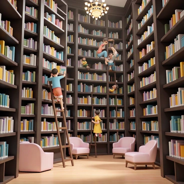 A grand library with towering bookshelves filled with countless books. The shelves are made of dark wood, reflecting a warm glow from the ornate chandeliers hanging from the high ceiling. Several children, dressed in colorful clothing, are riding on wooden ladders. One child, wearing a blue shirt and red shorts, is reaching for a book on the top shelf, while another child, in a yellow dress, is holding onto a ladder and laughing. The soft light creates inviting shadows on the polished wooden floor, and there are cozy reading nooks scattered throughout the library, complete with plush armchairs and small tables.
