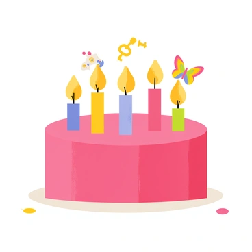 A round cake covered in smooth pink frosting sits on a white plate. The cake has several colorful lit candles on top, each with a bright flame. From the flames of the candles, various unexpected objects emerge, including a small toy robot, a shiny golden key, and a colorful rainbow butterfly. The background features a simple table setting with a festive tablecloth and confetti scattered around, adding to the celebratory atmosphere.