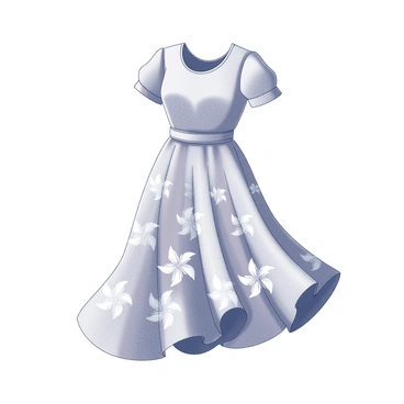 A fashionable dress design with a fitted bodice and an A-line skirt. The dress features a pattern of "pinwheels" carefully arranged across the fabric, creating a sense of movement. The neckline is elegantly rounded, and the sleeves are short and slightly puffed. The waistline is cinched with a delicate belt, enhancing the silhouette. The hem of the skirt flows gracefully, complementing the overall playful design of the garment. Each "pinwheel" motif is intricately illustrated, adding depth and interest to the dress.