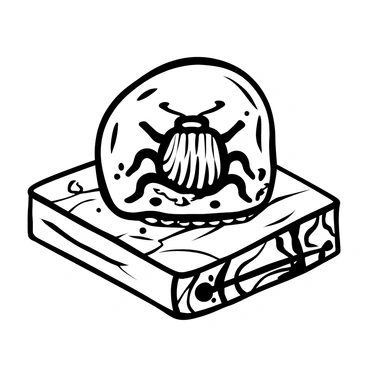 A "preserved beetle fossil" embedded in "amber" sits prominently on a "wooden table." The amber has a rich, glossy texture, showcasing the "beetle" in intricate detail. Tiny air bubbles and inclusions are visible within the amber, adding to its historic allure. The wooden table features a natural grain pattern, enhancing the organic feel of the display. Soft shadows are cast by the amber, emphasizing the contours of the fossil and the surface of the table.