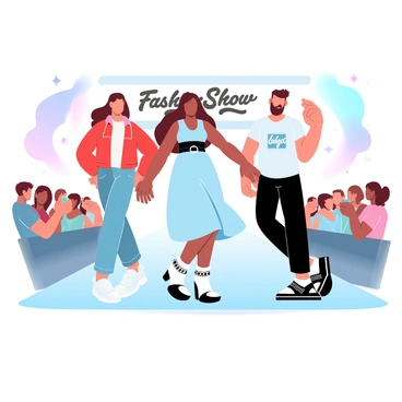 A group of three teens is walking confidently down a runway during a school fashion show. One teen is wearing a bright red jacket with denim jeans and stylish sneakers. The second teen is dressed in a flowing pastel blue dress paired with a trendy belt and ankle boots. The third teen is in a casual graphic tee and black trousers, showcasing a unique hairstyle. Colorful lights illuminate the runway, and a large backdrop with "Fashion Show" in bold letters is visible behind them. The audience is seated on both sides, capturing the moment with their phones.