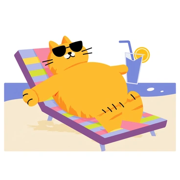 A chubby orange cat named "Garfield" is lounging on a colorful beach chair. He is wearing stylish black sunglasses perched on his nose. Next to him, there is a tall glass filled with a bright blue drink, complete with a slice of orange on the rim and a straw. The beach chair is striped in vibrant colors, and soft sand is visible beneath it. In the background, there are gentle waves lapping at the shore and a clear blue sky overhead.