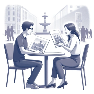Two illustrators are seated at a small table in a bustling city square. They are enthusiastically exchanging sketches. The first illustrator, a man with short hair and glasses, holds a sketchbook open, displaying a detailed drawing of a city landscape. The second illustrator, a woman with long hair tied back, has a bright smile as she shows her own sketch of a lively street scene. Around them, other people can be seen walking by, and a fountain is visible in the background. The atmosphere is lively and filled with creativity.
