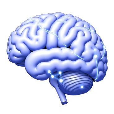 A brain with glowing lines connecting different parts like a network