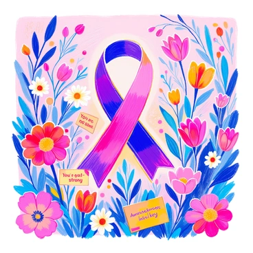 A "herpes awareness ribbon" is prominently displayed in the center of the image. The ribbon is "vibrant purple," representing awareness. Surrounding the ribbon, there are various "colorful flowers" in full bloom, including "daisies, tulips, and roses," each adding bright pops of color. Interspersed among the flowers are small cards and notes featuring supportive messages such as "You are not alone," "Stay strong," and "Awareness is key." The overall composition is filled with a sense of care and positivity, emphasizing both the ribbon and the surrounding flowers and messages.