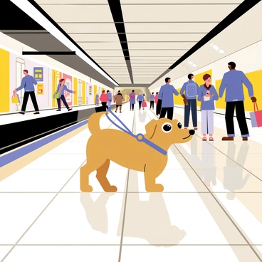 A small brown dog with wide eyes and a lowered tail stands on a leash. The dog appears frightened, with its ears perked up, looking around nervously. The busy subway station features a platform filled with people, some rushing past with bags in hand. Bright overhead lights illuminate the scene, creating reflections on the tiled floor. In the background, a train is approaching, and colorful advertisements are posted on the walls. The atmosphere is lively, with a sense of movement and sound echoing throughout the station.