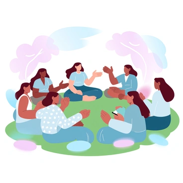 A group of diverse women is sitting in a circle on a grassy field. Each woman is wearing different colorful outfits, showcasing a variety of styles and patterns. They are engaged in conversation, with some leaning in closer to listen attentively. One woman is animatedly sharing a story with her hands raised in an expressive gesture. Another woman has a notebook open in her lap, taking notes. Surrounding them are a few cushions scattered on the ground for comfort. The warm sunlight filters through the trees above, casting soft shadows around them.