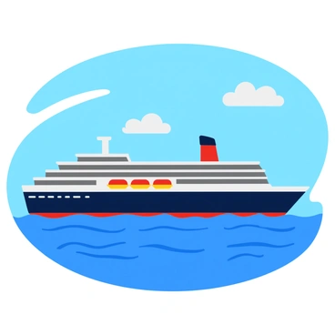 A large cruise ship with multiple decks and colorful lifeboats is sailing on a calm ocean. The ship is depicted in a simplified, cartoon-like style, showcasing large windows and a prominent smokestack. Gentle waves ripple on the water's surface, reflecting shades of blue. Above, the sky is bright blue with a few fluffy white clouds scattered throughout. The scene captures the essence of a peaceful day at sea.