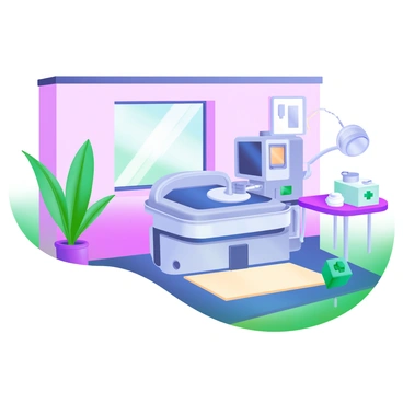 A hospital room features a "hemodialysis machine" positioned prominently in the center. Surrounding the machine are "lush green plants" that create a vibrant atmosphere. The walls are painted in soft pastel colors, complementing the serene environment. A "window" allows natural light to filter in, casting gentle shadows across the room. On a nearby table, there are medical supplies neatly organized. The floor is covered with a light-colored mat, contributing to the calming ambiance of the space.