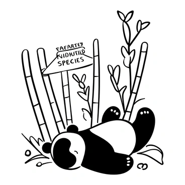 A panda lying down among tall bamboo stalks, its body relaxed and partially hidden amongst the greenery. In the background, several lush bamboo shoots stand upright, creating a dense forest environment. A banner reading "Endangered Species" is draped across one of the bamboo plants, emphasizing its status. Leaves and small branches scatter on the ground around the panda, adding to the natural setting.