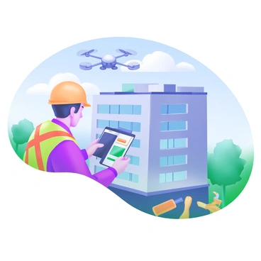 A technician wearing a safety helmet and a reflective vest is operating a drone in front of a tall building. The drone is hovering just above the roof, capturing images of the rooftop. The building has large windows and is surrounded by trees. In the background, there is a clear blue sky with a few fluffy clouds. The technician is focused on a tablet in their hands, monitoring the drone's progress. A safety harness is visible on the technician, and there are various tools laid out on the ground nearby.